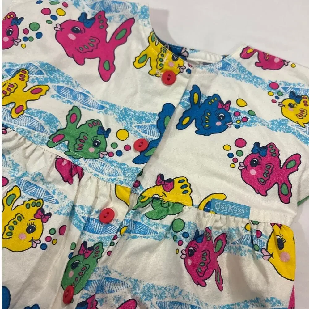 Vintage OshKosh B'gosh Baby 24M Fish Print Bubble Romper Retro Bright Rare